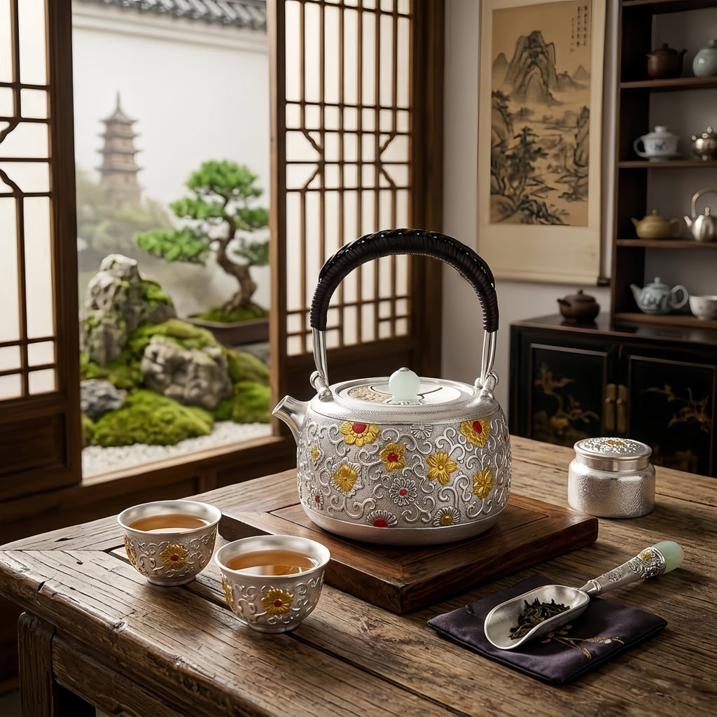 Pure 999 Fine Silver Ornate Handcrafted Silver Teapot Featuring Intricate Floral Relief and Woven Handle - Handicraft Vera Lux