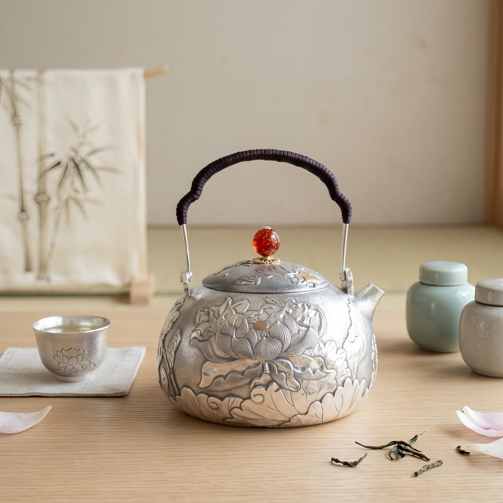 Pure 999 Fine Silver Exquisite Hand-Engraved Silver Teapot with Intricate Lotus Relief and Red Finial - Handicraft Vera Lux