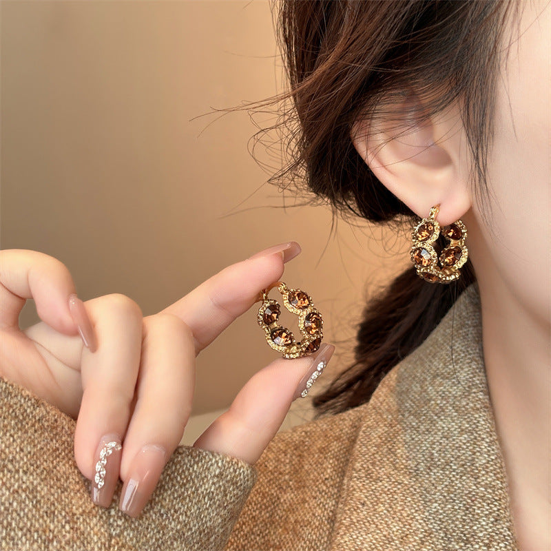 Elegant Light-luxury Coffee-colored Crystal Hoop Ear Clips Vera Lux