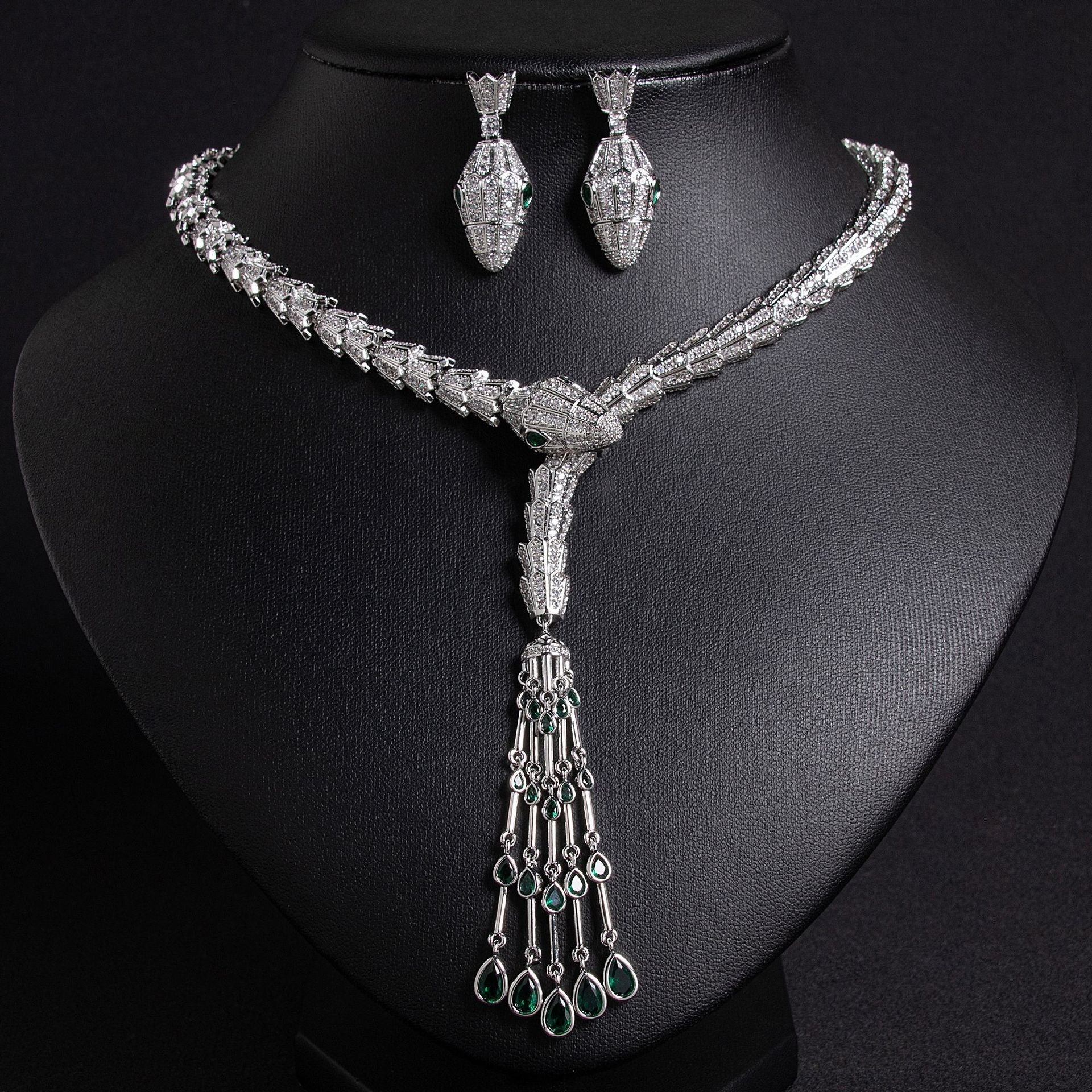 Serpentine Teardrop Tassel Zircon Earrings & Necklace Set Vera Lux