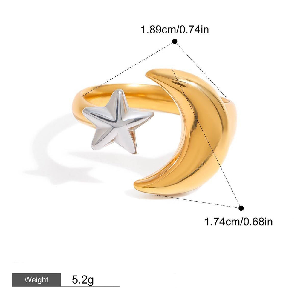 18K gold moon and star with gold and silver color matching design trendy personality open ring Vera Lux
