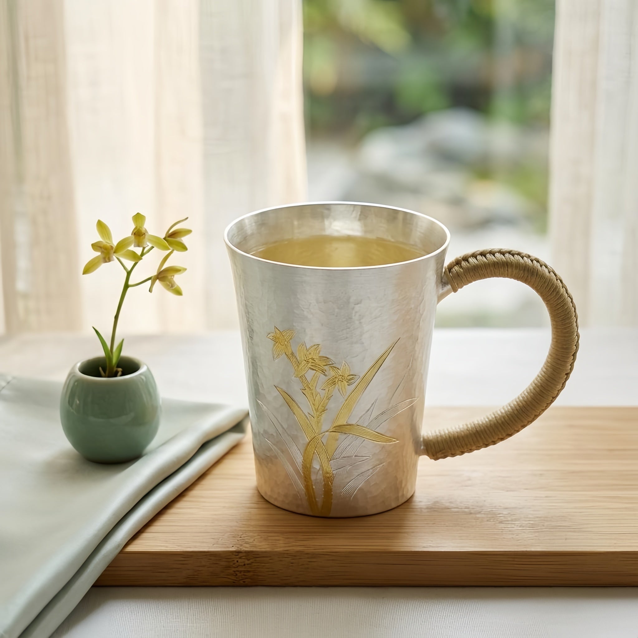 925 Sterling Silver Elegant Hammered Silver Mug with Orchid Engravings and Woven Handle - Handicraft Vera Lux