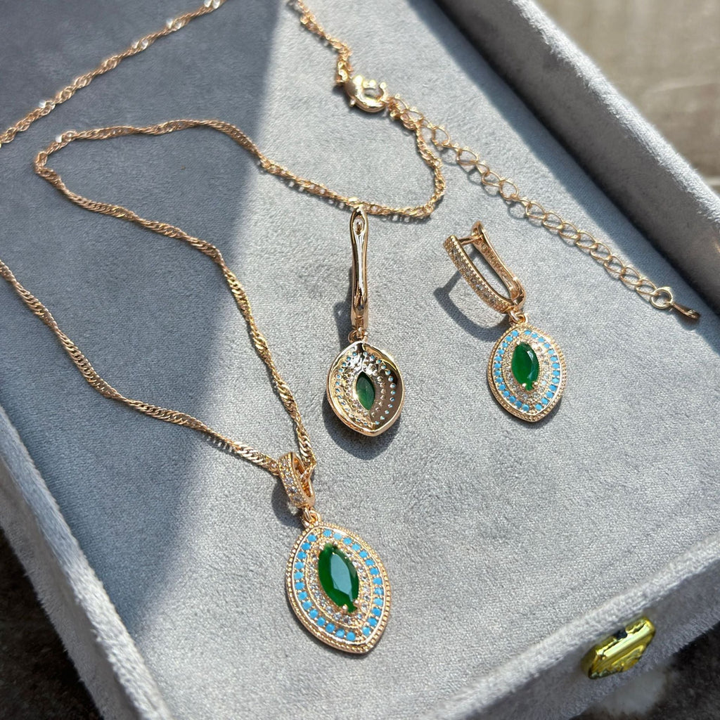 Emerald-Zircon Vintage Earrings And Ring Jewelry Set Vera Lux