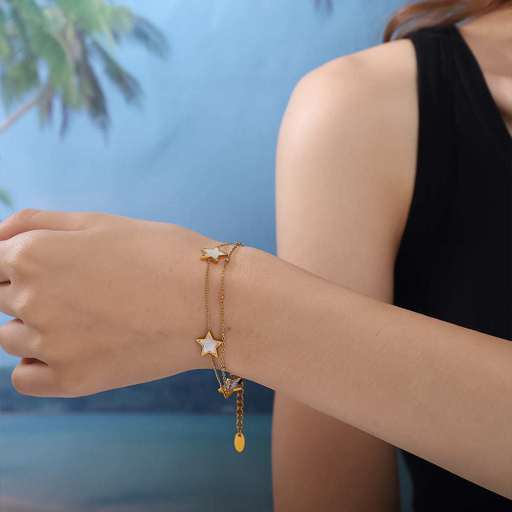 New European & American Style Sweet Double Layer Star Bracelet, 18K Gold Plated Stainless Steel, Minimalist Light Luxury Bracelet For Women Vera Lux