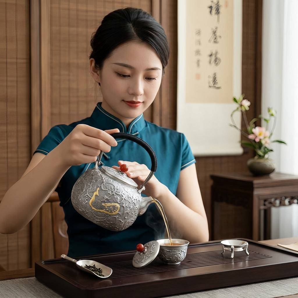 Pure 999 Fine Silver Ornate Handcrafted Silver Teapot Featuring Exquisite Peacock Relief and Crimson Gemstone Finial - Handicraft Vera Lux