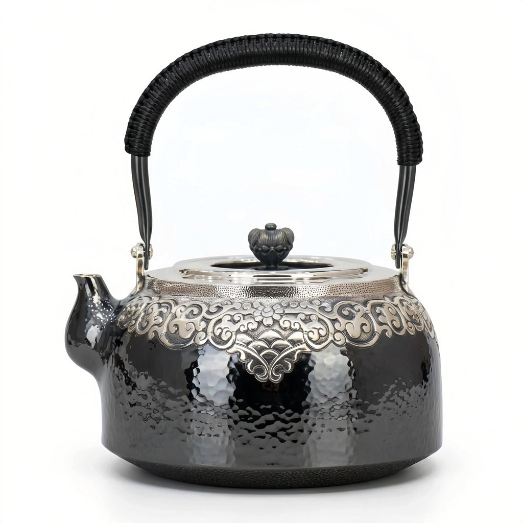 925 Sterling Silver Hand-Hammered Silver Teapot with Intricate Filigree Engraving and Wrapped Handle - Handicraft Vera Lux
