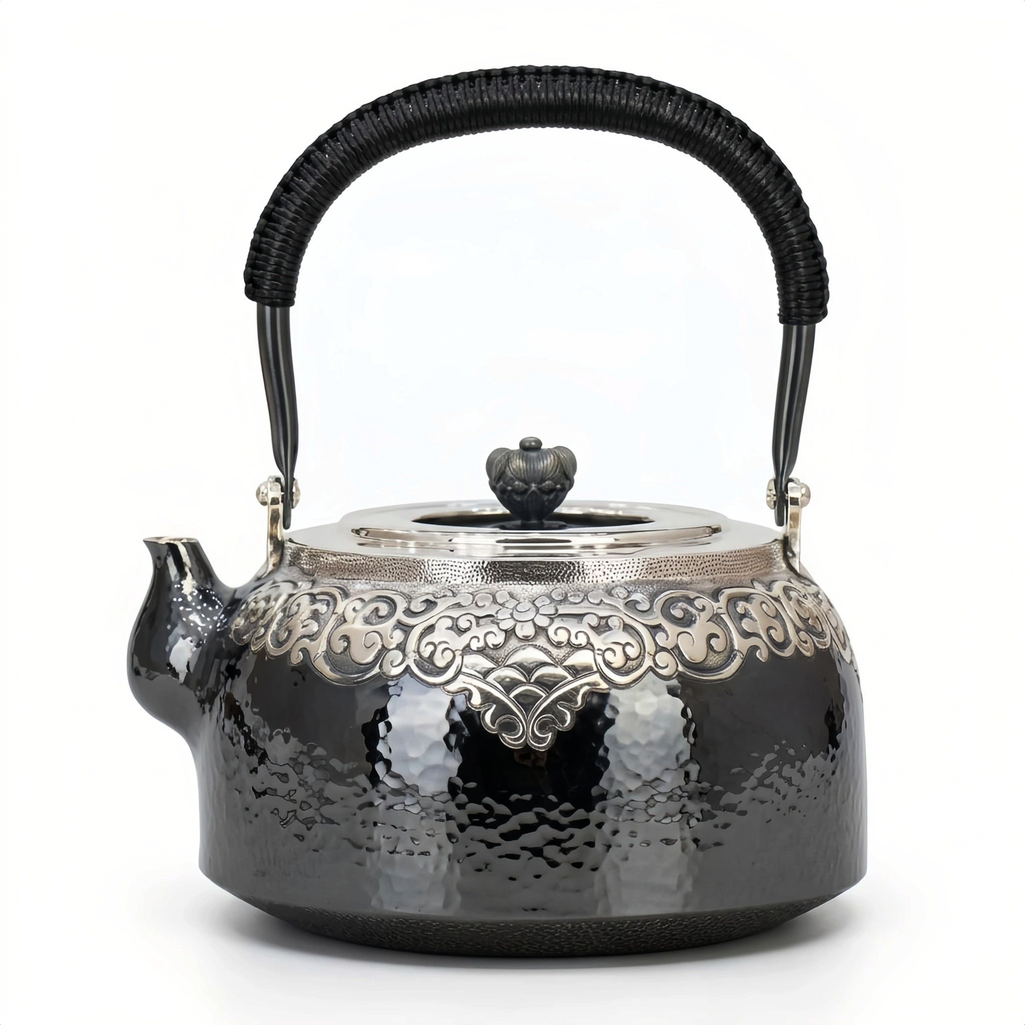 925 Sterling Silver Hand-Hammered Silver Teapot with Intricate Filigree Engraving and Wrapped Handle - Handicraft Vera Lux