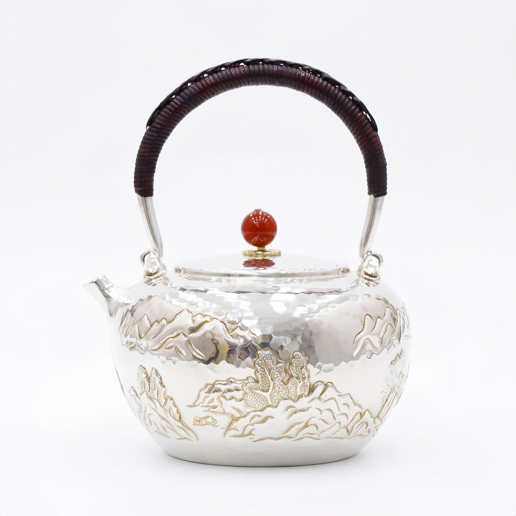 Pure 999 Fine Silver Exquisite Hand-Carved Silver Teapot with Mountain Landscape and Red Stone Finial - Handicraft Vera Lux