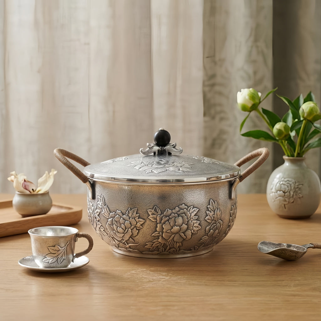 925 Sterling Silver Elegant Handcrafted  Serving Pot with Floral Motifs and Wooden Handles-Premium Hot Pot - Handicraft Vera Lux