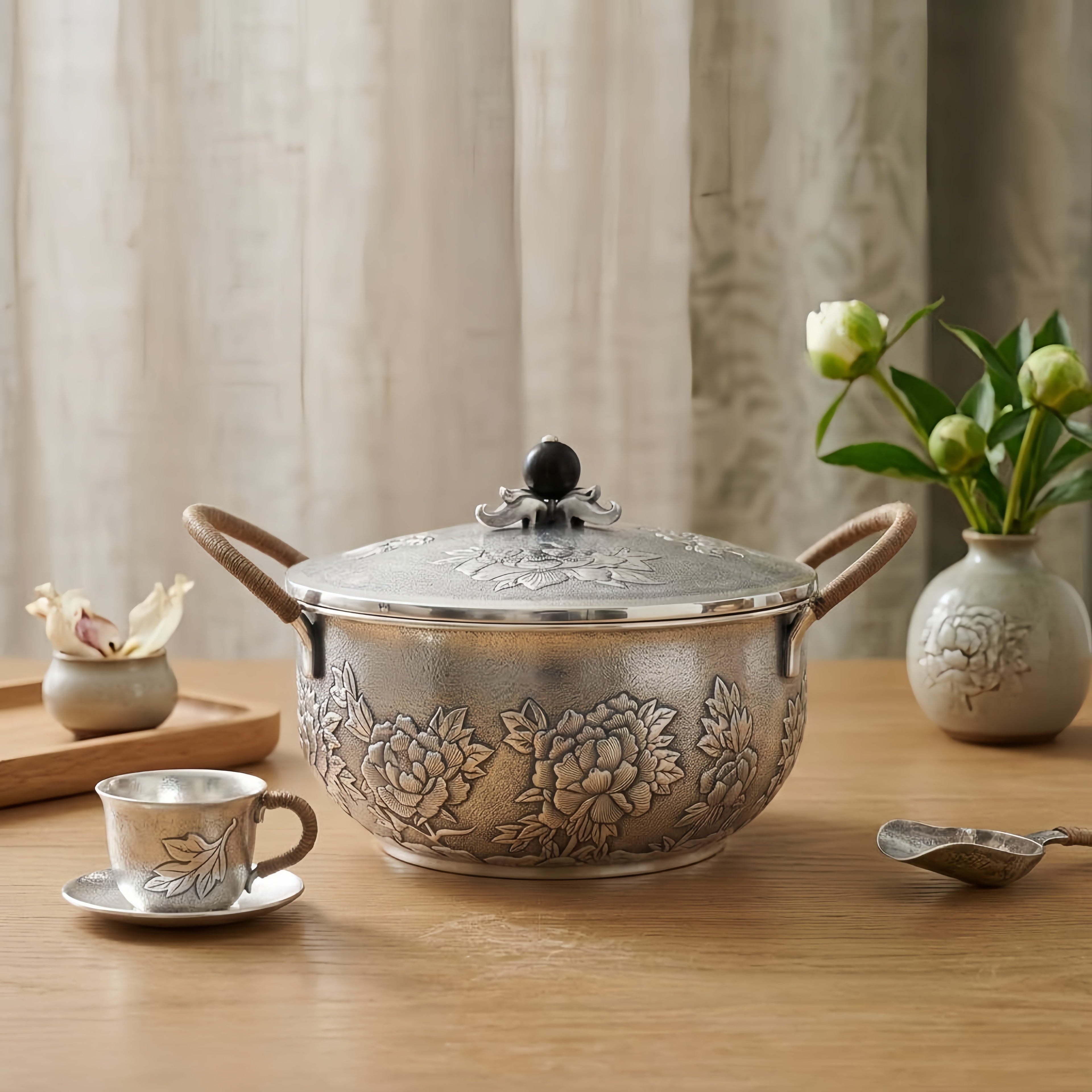 925 Sterling Silver Elegant Handcrafted  Serving Pot with Floral Motifs and Wooden Handles-Premium Hot Pot - Handicraft Vera Lux