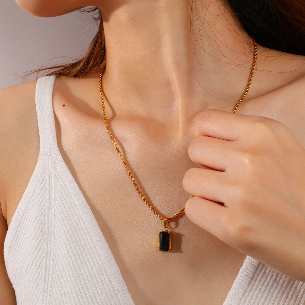 Vintage Stackable Double Layer Oval Black Onyx Pendant Necklace, 18K Gold Plated Square Black Zircon Clavicle Chain Vera Lux
