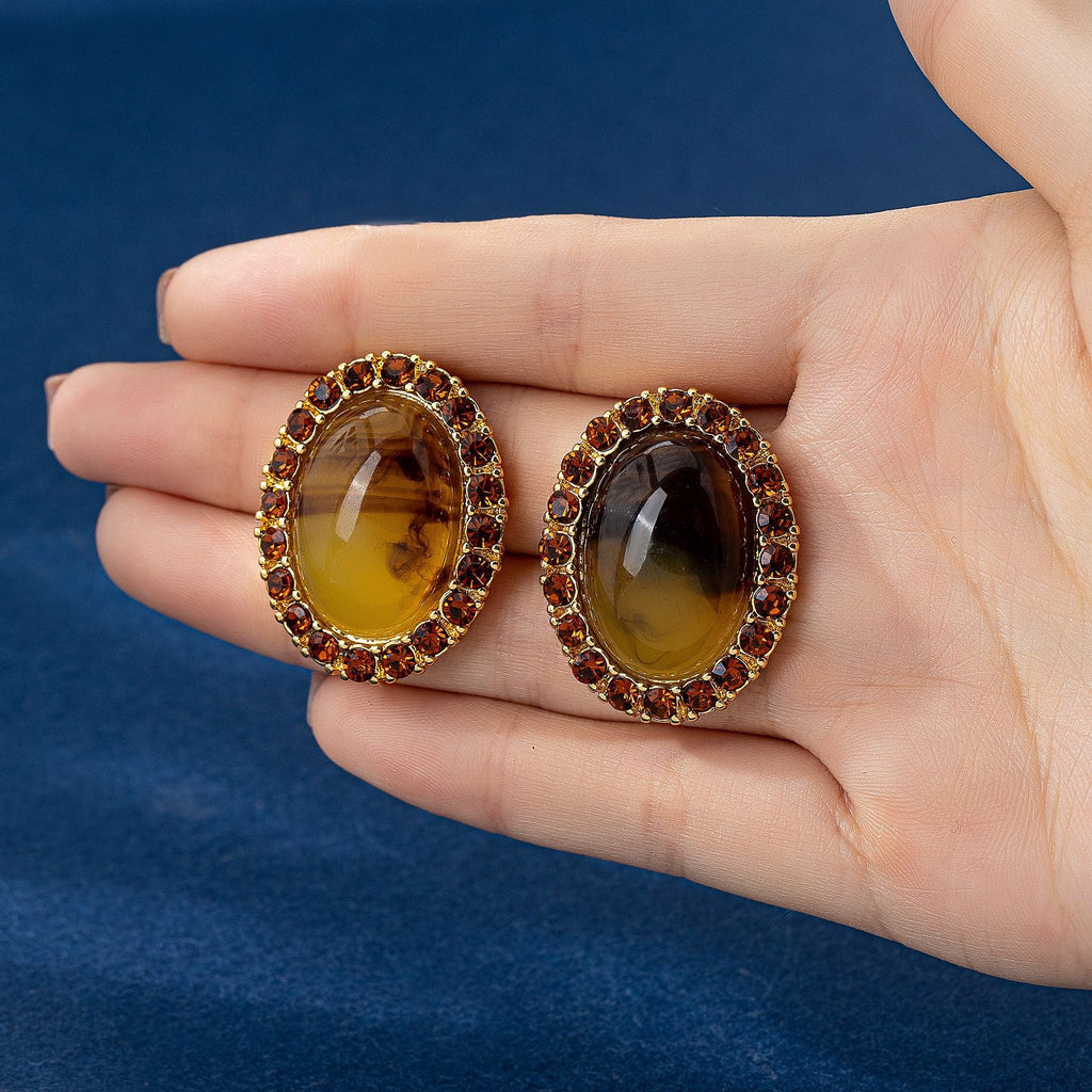 Vintage French Minimalist Luxe Oval Czech Crystal Earrings Vera Lux