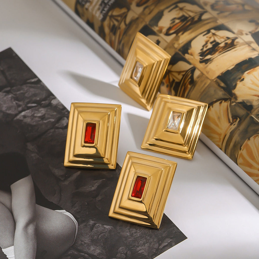 18k gold rectangular inlaid gemstone with concave pattern design exquisite and noble earrings Vera Lux