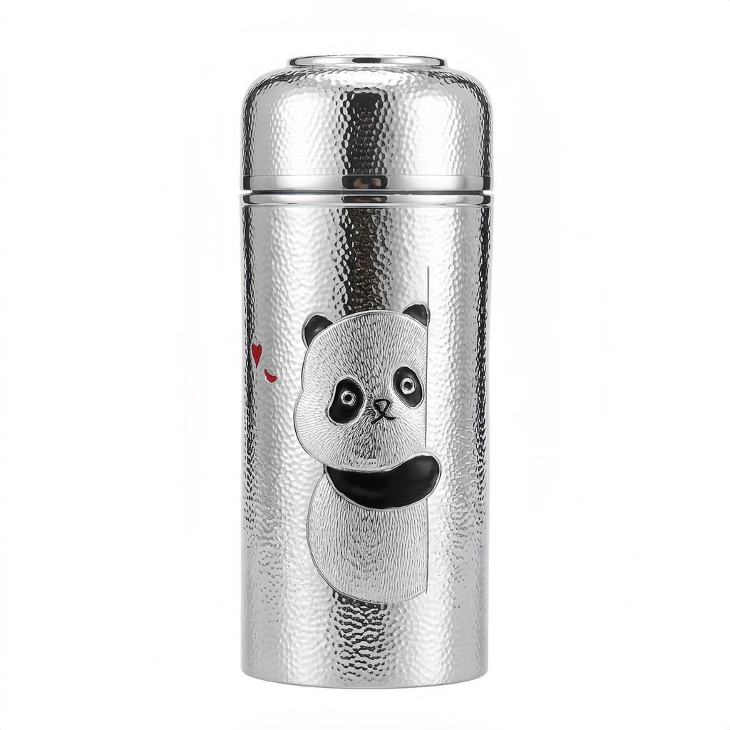 925 Sterling Silver Artistic Hammered Silver Vacuum Flask Featuring a Cute Peeking Panda Design - Handicraft Vera Lux