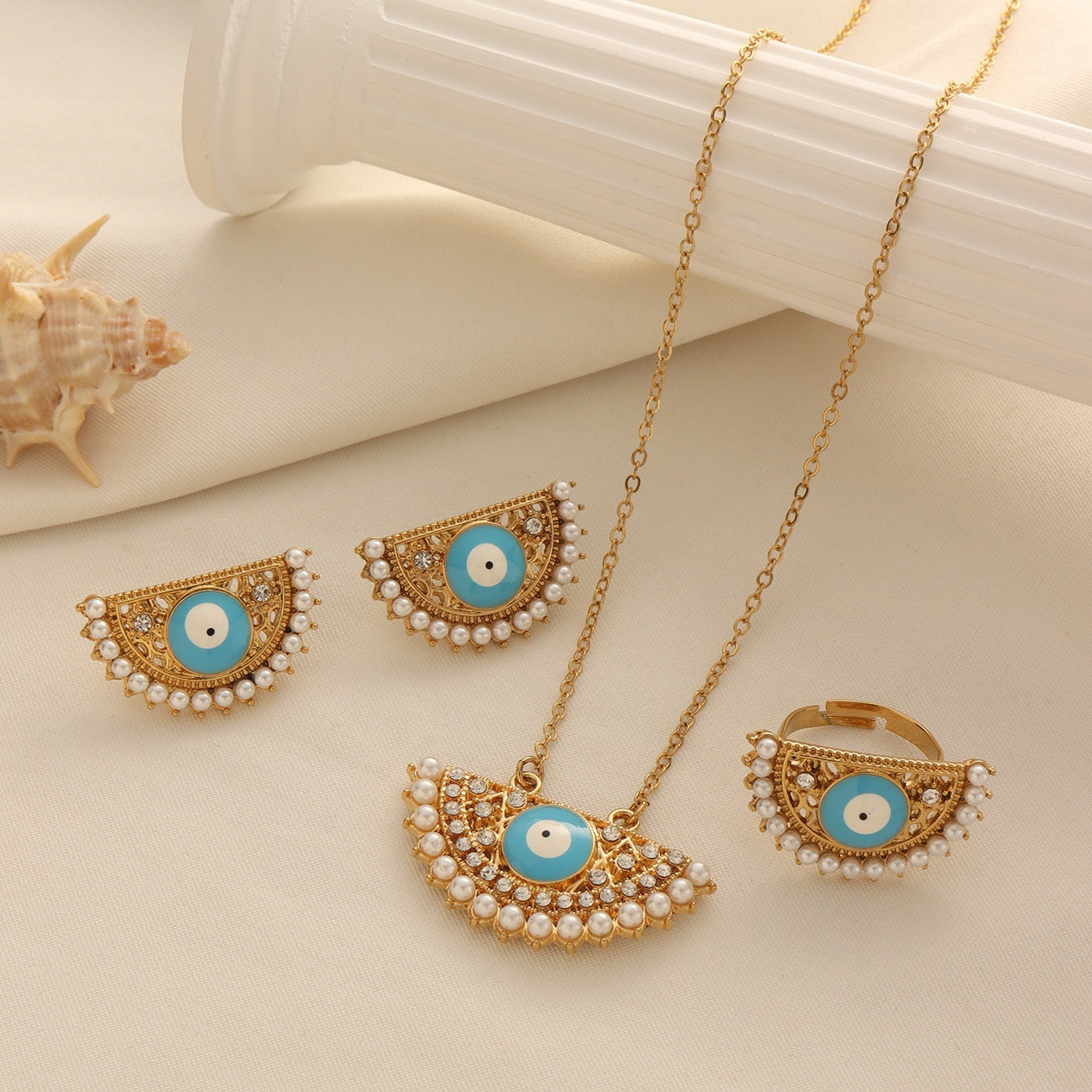 Turkish Evil Eye Necklace, Earrings and Ring Set Vera Lux