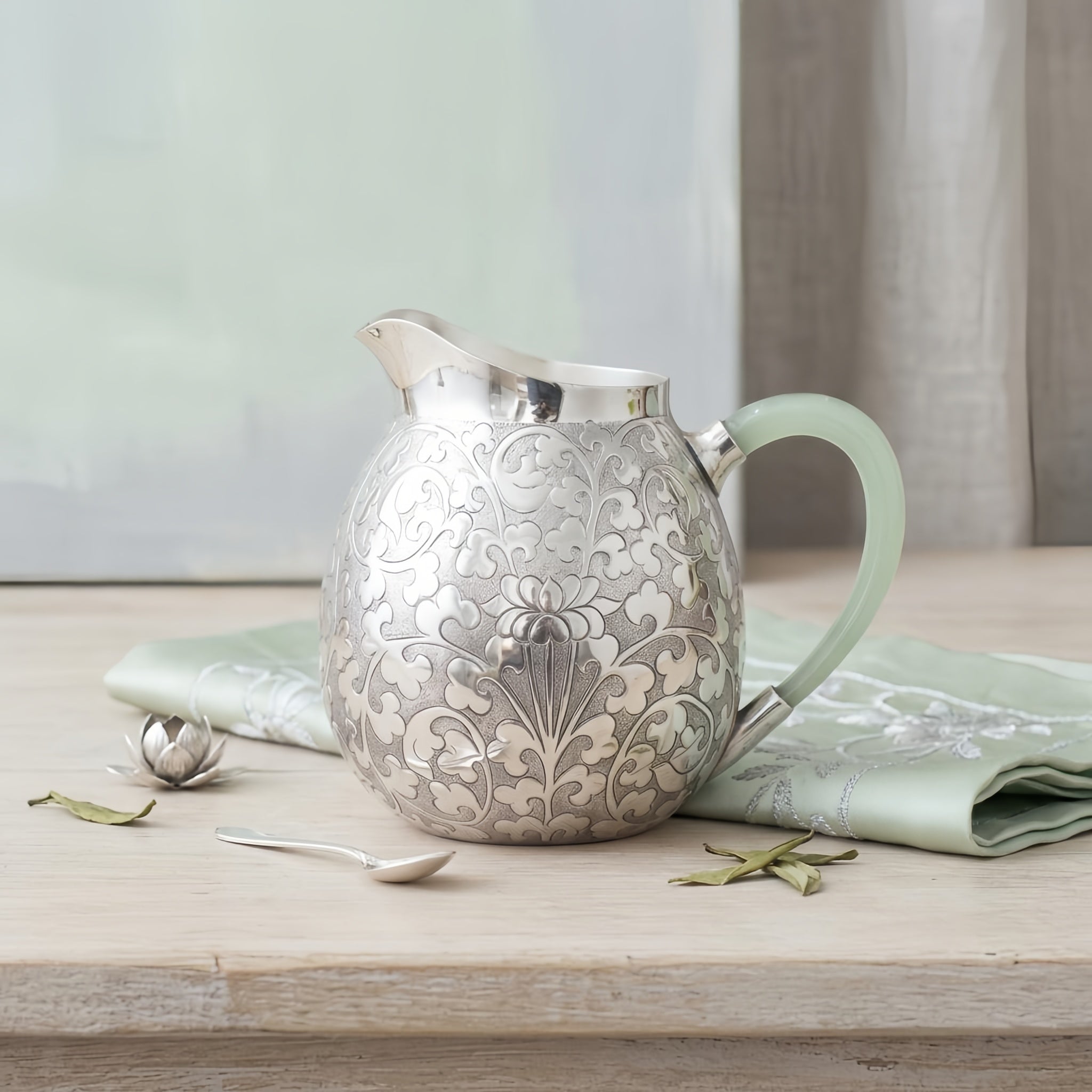 Pure 999 Fine Silver Elegant Ornate Silver Floral Engraved Pitcher Featuring a Delicate Pale Green Handle - Handicraft Vera Lux