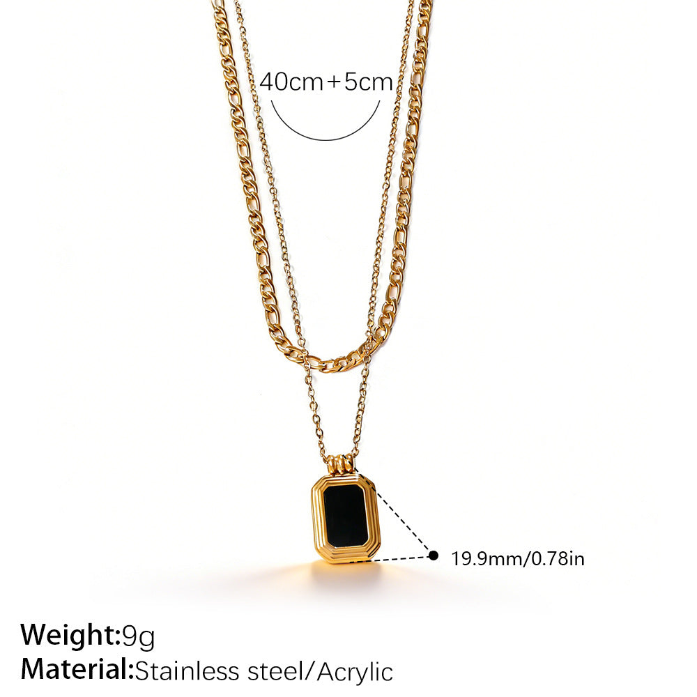 Vintage Stackable Double Layer Oval Black Onyx Pendant Necklace, 18K Gold Plated Square Black Zircon Clavicle Chain Vera Lux