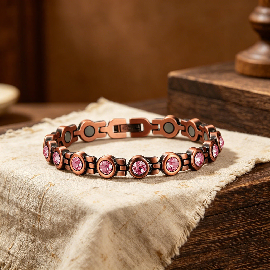 Retro Red Copper Magnetic Therapy Bracelet With Transparent Crystals Unisex Vera Lux