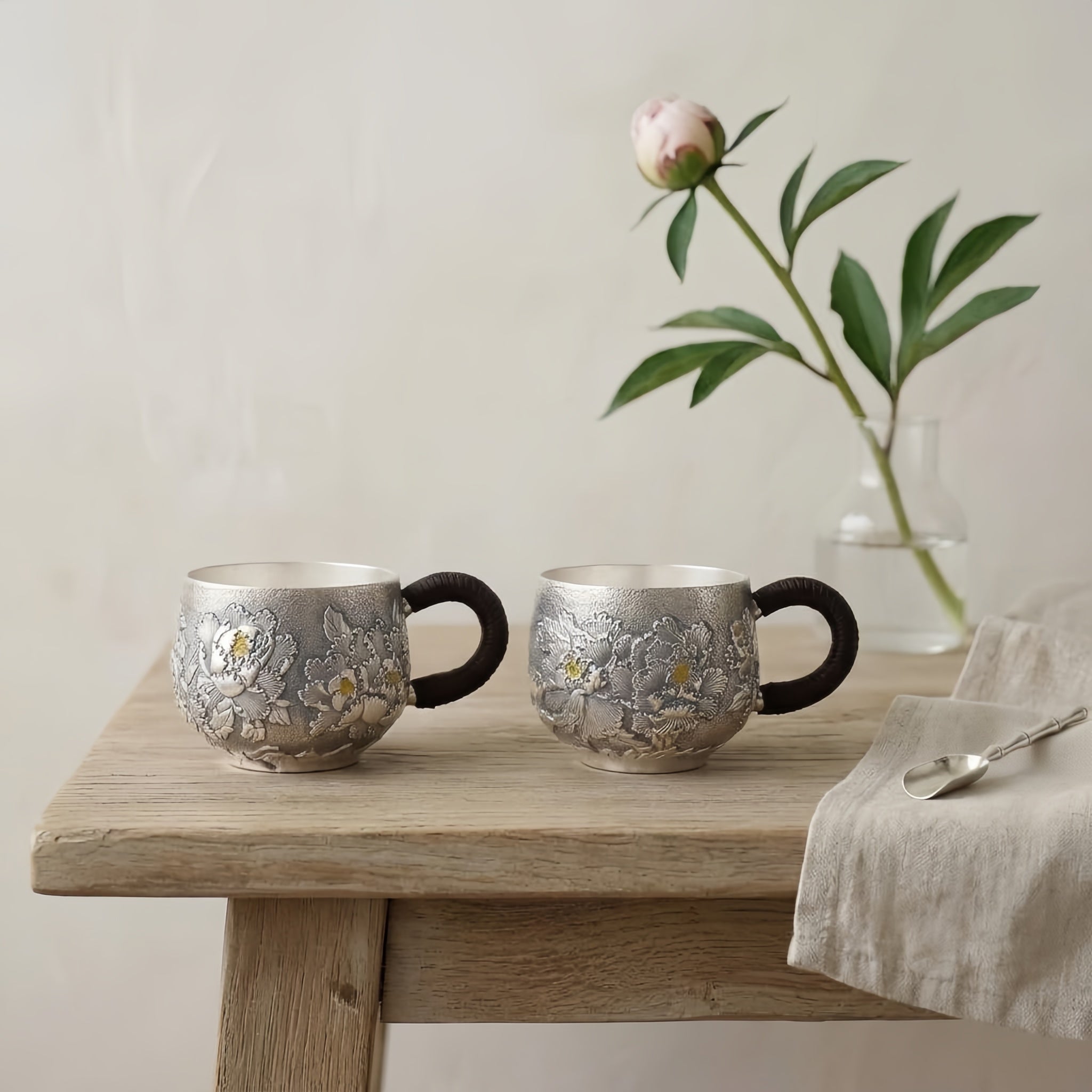 Pure 999 Fine Silver Elegant Handcrafted Silver Teacups Featuring Detailed Peony Relief and Traditional Woven Handles - Handicraft Vera Lux