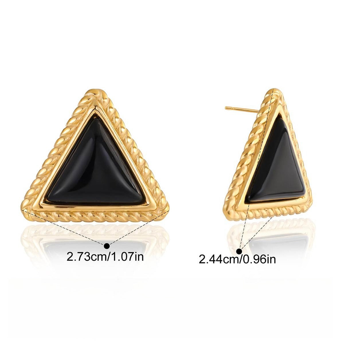 18K gold triangle black onyx stud earrings, a sophisticated and stylish accessory for autumn and winter. Vera Lux