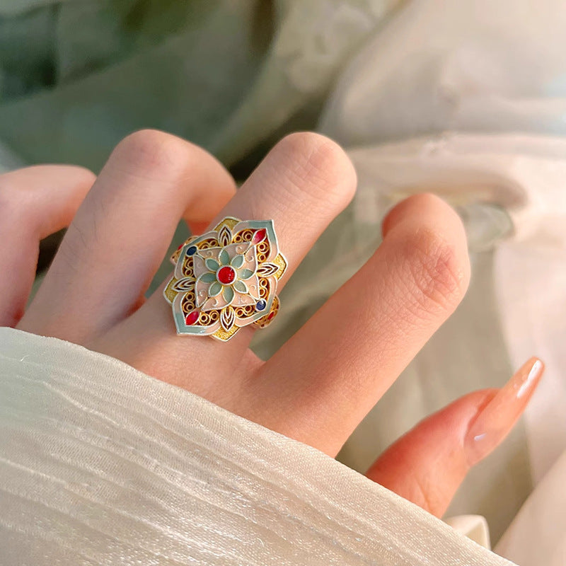 Misty Rain Gold-Embellished Enamel Peony Chinese-Style Hollow Open Ring Vera Lux