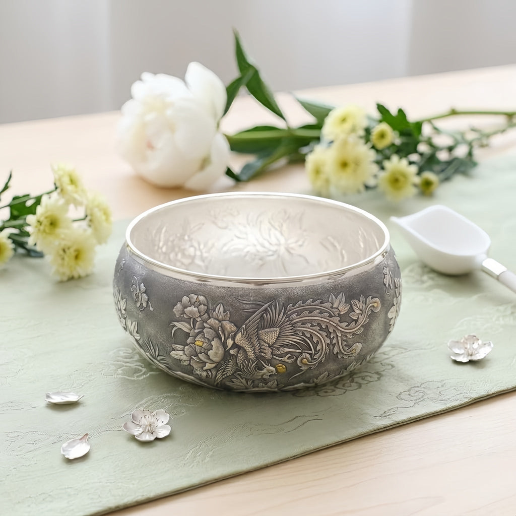 Pure 999 Fine Silver Hand-Engraved Sterling Silver Bowl Featuring Traditional Phoenix and Peony Blossom Motifs - Handicraft Vera Lux