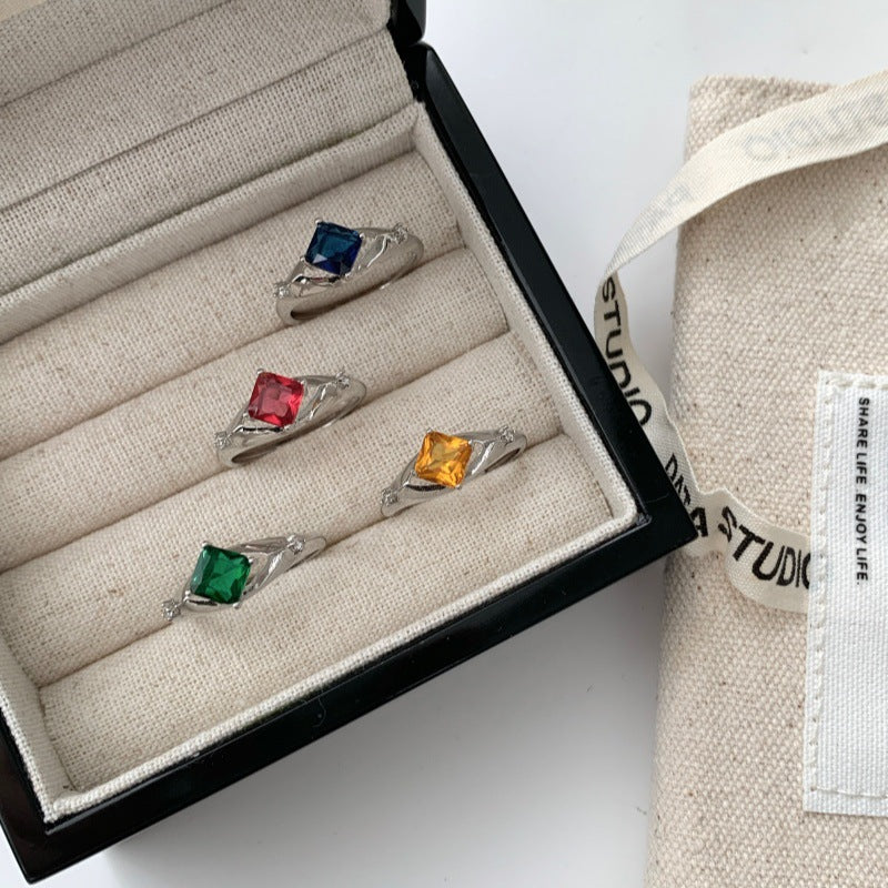 Minimalist Glossy Multicolor Gemstone Square Ring For Women, Luxury INS Style, High-End Open Adjustable Band Vera Lux