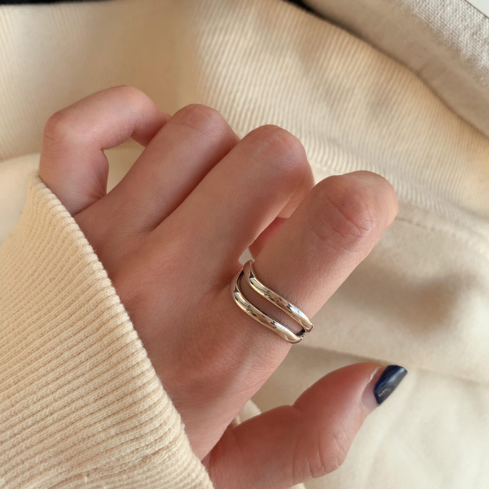 925 Sterling Silver Minimalist Rings For Women, Korean Style Niche Design, Non-Tarnish Vintage Heavy Duty Finger Rings Jewelry Vera Lux