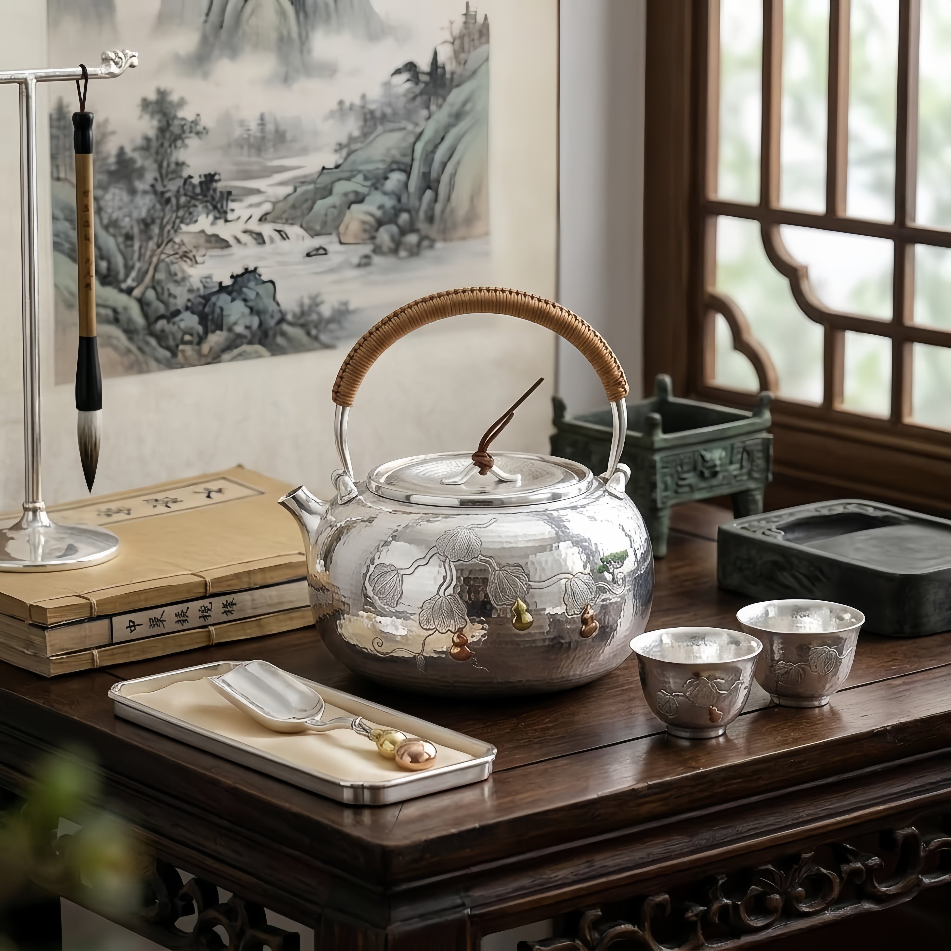 Pure 999 Fine Silver Handcrafted Hammered Silver Teapot with Gourd Vine Relief and Rattan Handle - Handicraft Vera Lux