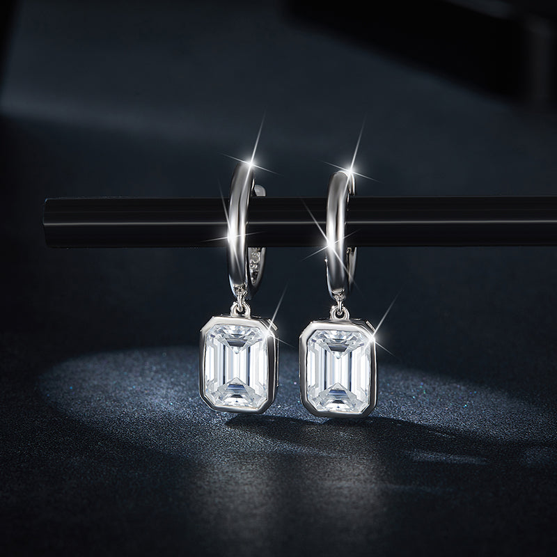 S925 Sterling Silver Emerald Cut Moissanite Dangle Earrings  6x8mm Huggie Hoop Drop Earrings Platinum Plated Jewelry Gift Box Set Vera Lux