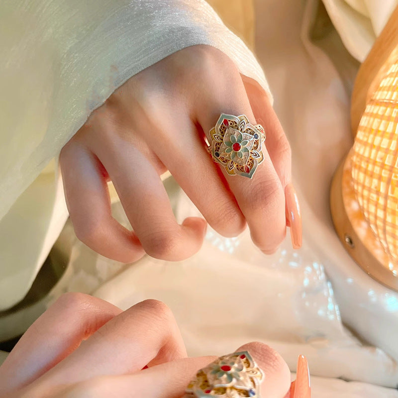 Misty Rain Gold-Embellished Enamel Peony Chinese-Style Hollow Open Ring Vera Lux