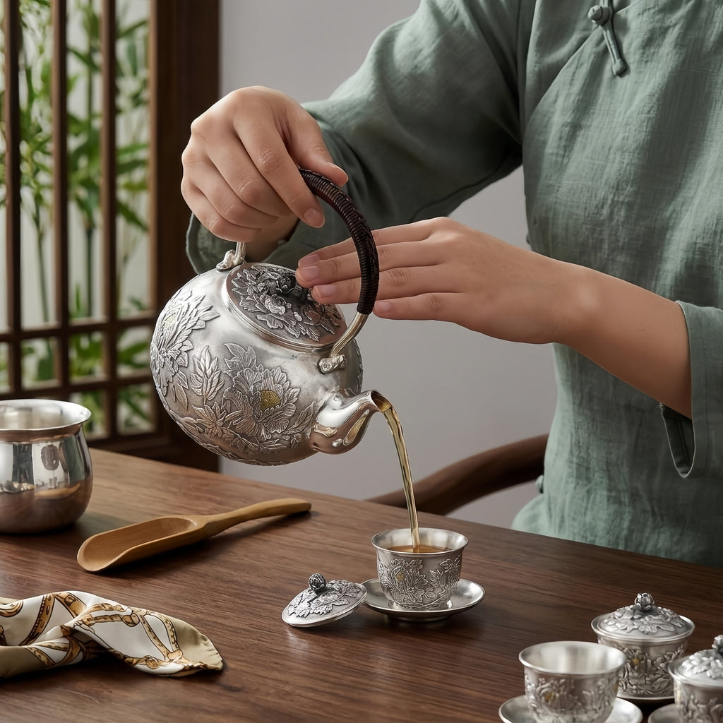 Pure 999 Fine Silver Elegant Silver Teapot with Intricate Peony Engravings and Traditional Woven Handle - Handicraft Vera Lux