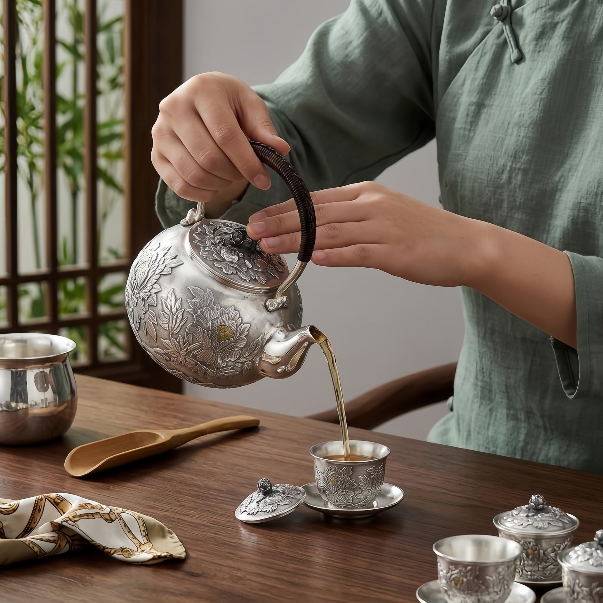 Pure 999 Fine Silver Elegant Silver Teapot with Intricate Peony Engravings and Traditional Woven Handle - Handicraft Vera Lux