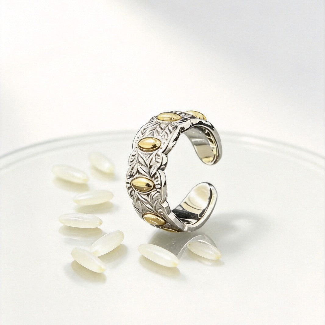 Brass Seven-Grain Rice Ring, Vintage Handcrafted Light Luxury Open Adjustable Band Vera Lux