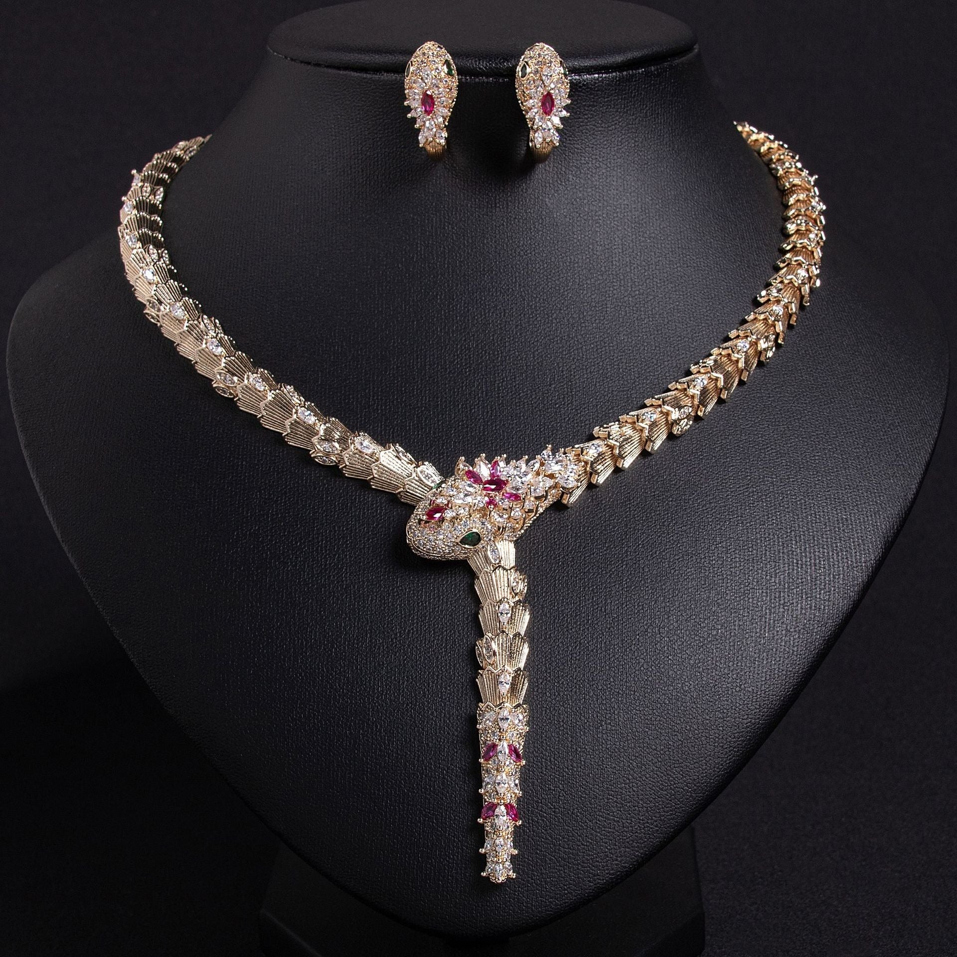 S925 Silver and Zircon Snake-Design Necklace and Earrings Jewelry Set Vera Lux