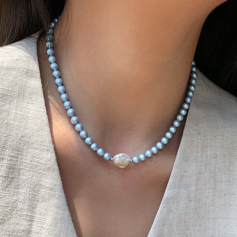 Freshwater Pearl Set: Iridescent Blue Pearl Necklace, Bracelet, and Hoop Earrings Vera Lux