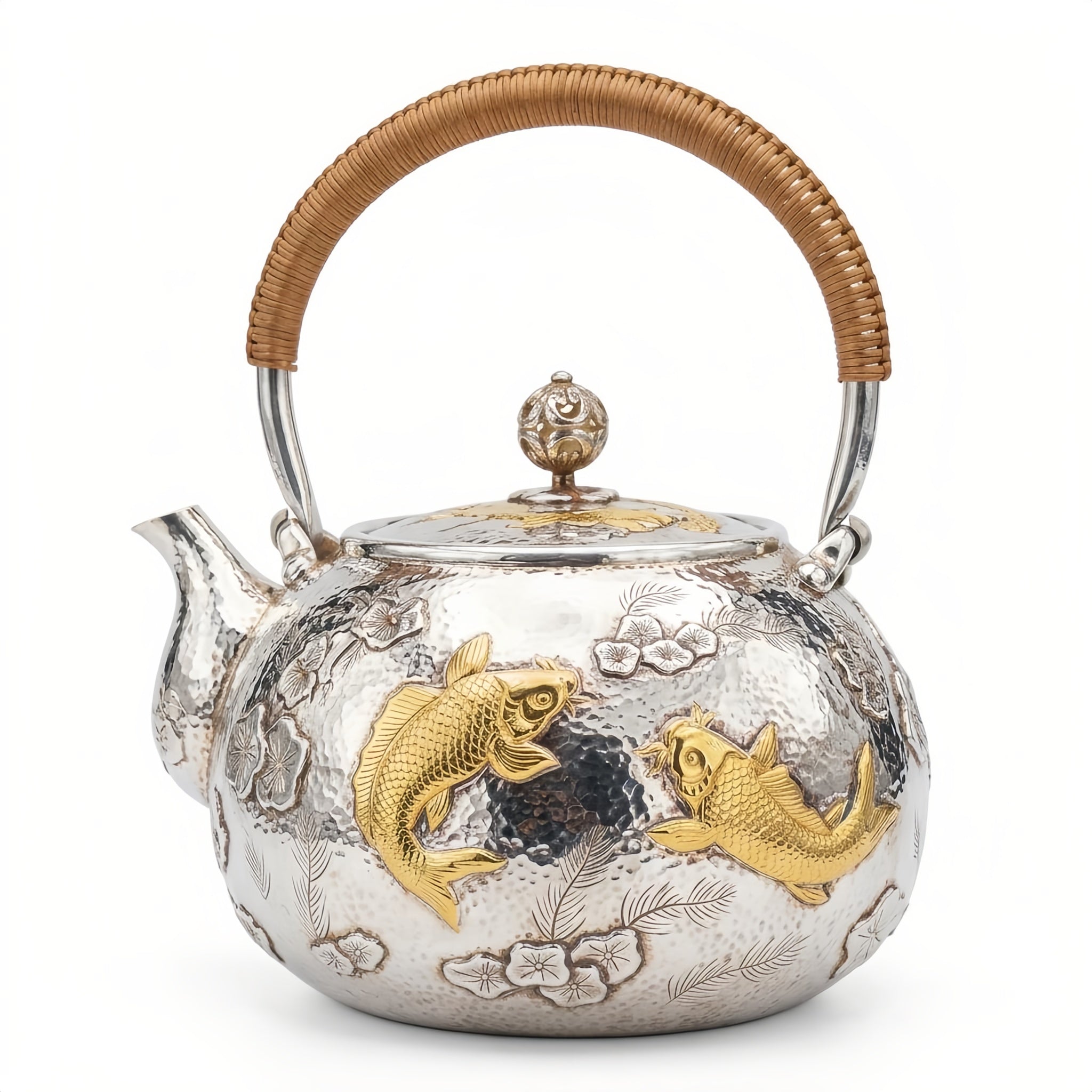 925 Sterling Silver Exquisite Silver Teapot Featuring Handcrafted Gilded Carp and Intricate Floral Motifs - Handicraft Vera Lux