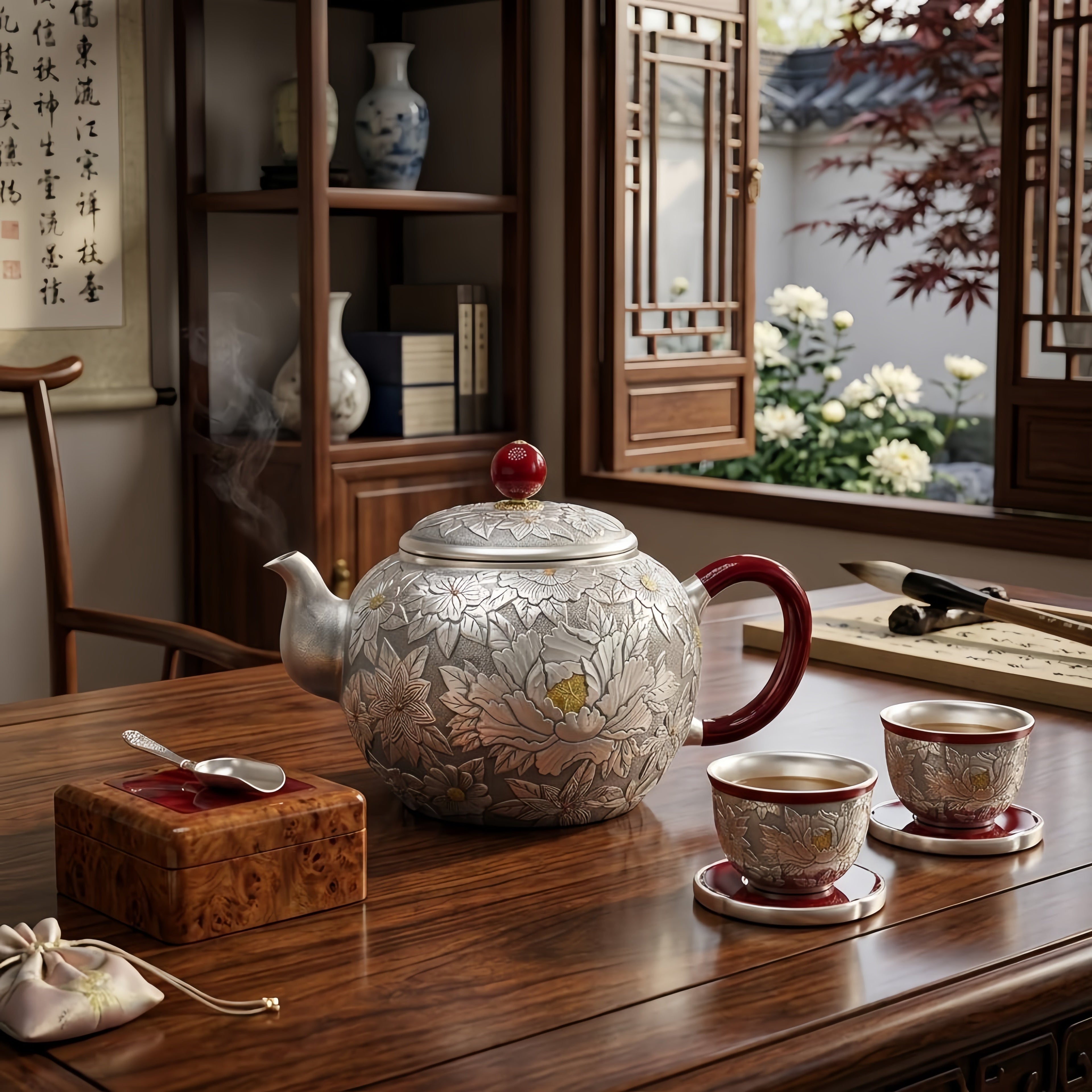 925 Sterling Silver Artisan Handcrafted Silver Teapot with Elegant Peony Engravings and Red Crimson Accents - Handicraft Vera Lux