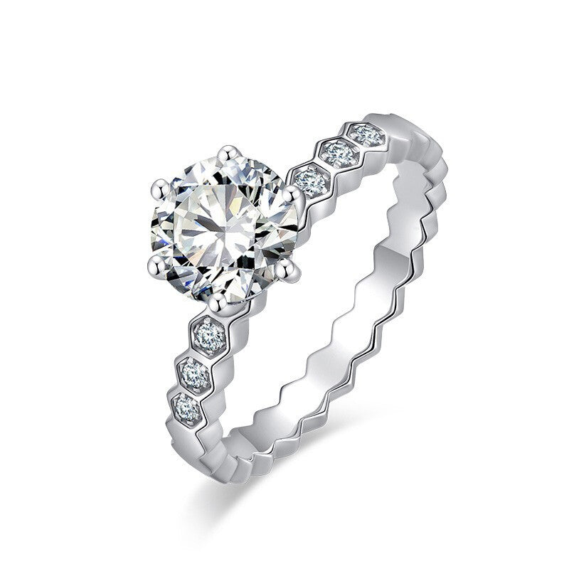 Classic Honeycomb Six-Prong Simulated Diamond Ring, Moissanite Hexagonal Band Vera Lux