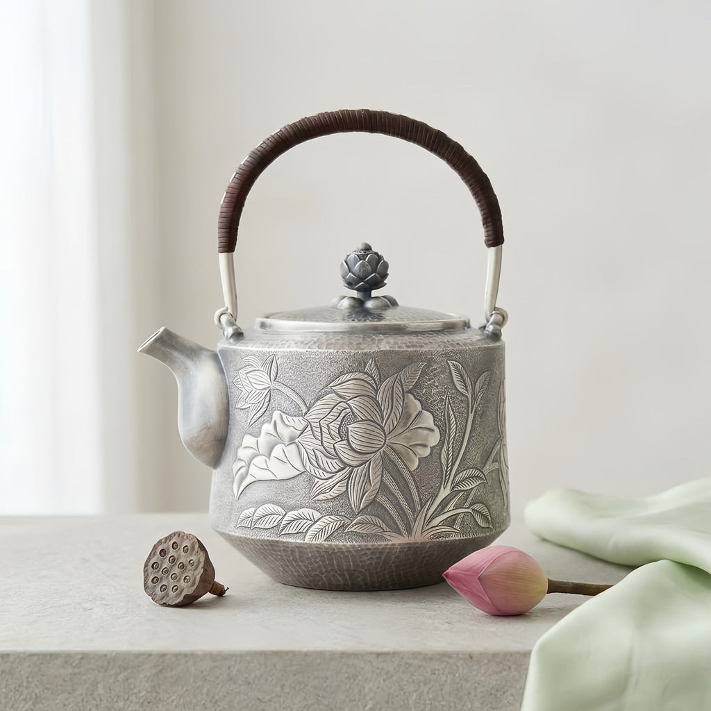 Pure 999 Fine Silver Elegant  Teapot with Handcrafted Floral Engraving, Hammered Texture, and Lotus Lid-Fine Teapot with Handle - Handicraft Vera Lux