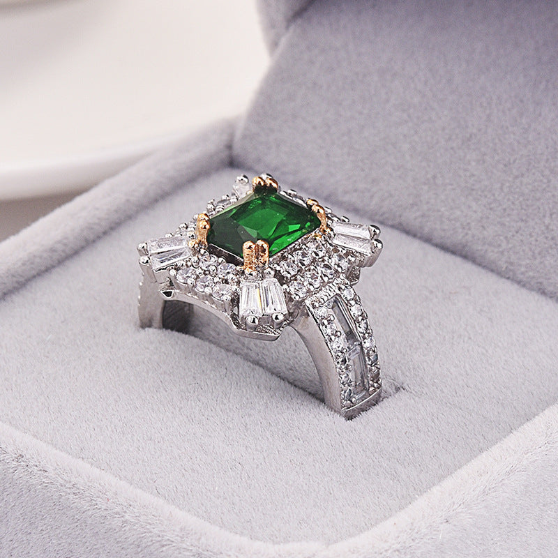 Square Princess Ring With Simulated Emerald Zircon, Micro Pave Full Stone Engagement Band Vera Lux