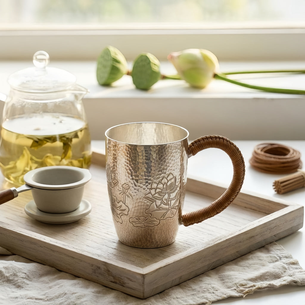 Pure 999 Fine Silver Hammered Silver Mug with Hand-Engraved Lotus Designs and Woven Handle - Handicraft Vera Lux