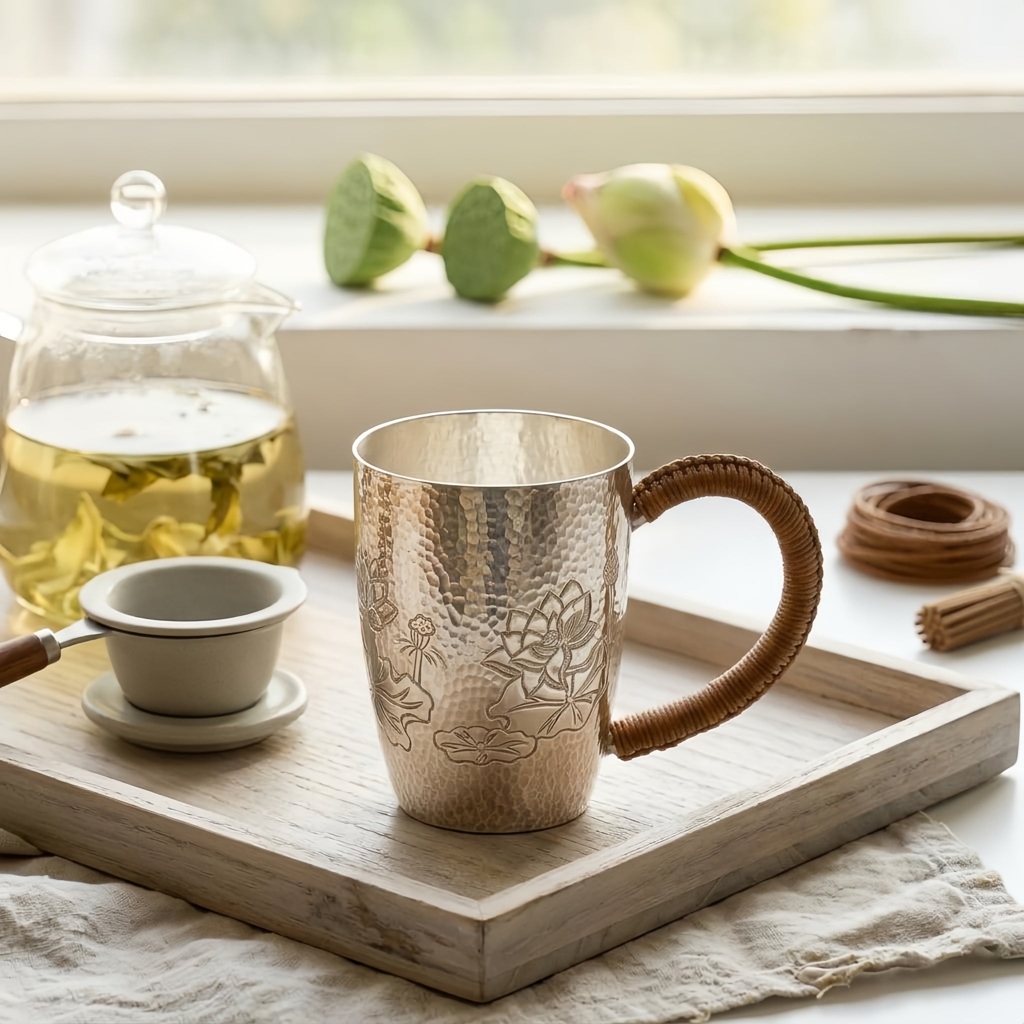 Pure 999 Fine Silver Hammered Silver Mug with Hand-Engraved Lotus Designs and Woven Handle - Handicraft Vera Lux