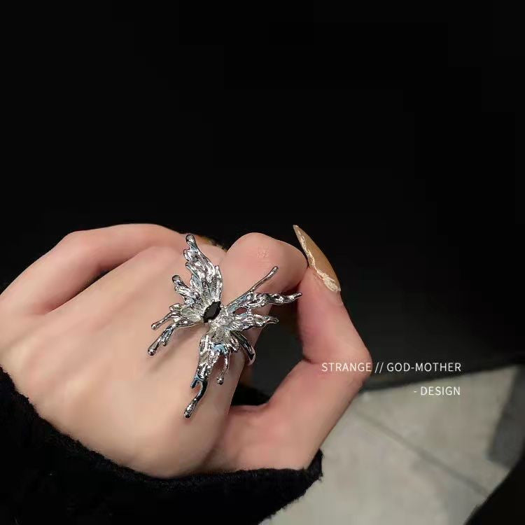 Dark Retro Black Gem Spider Nail Ring, Niche Design Advanced Cool Style Open Adjustable Ring Vera Lux