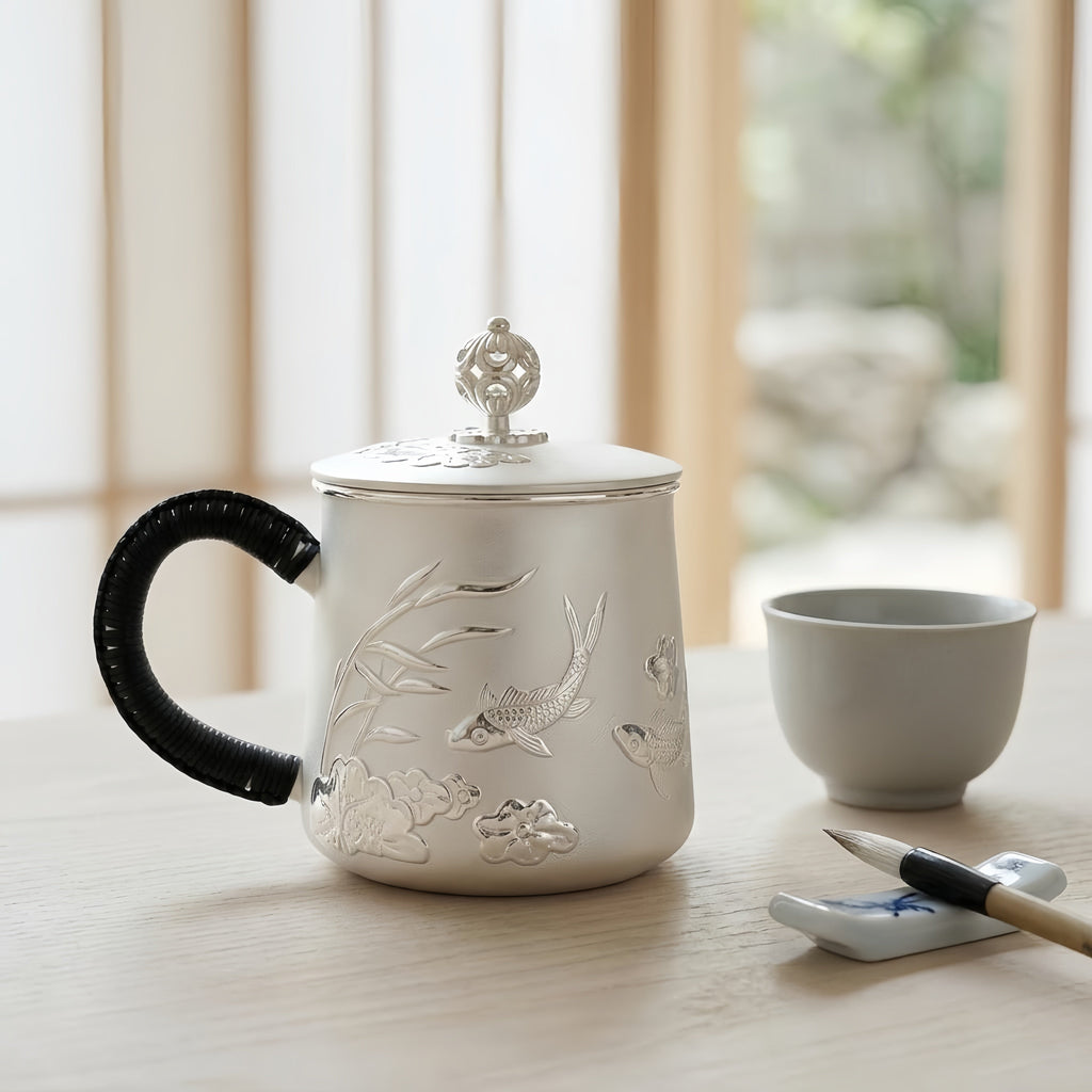 Pure 999 Fine Silver Elegant Ceramic Tea Cup with  Fish and Floral Design-Premium Tea Mug - Handicraft Vera Lux