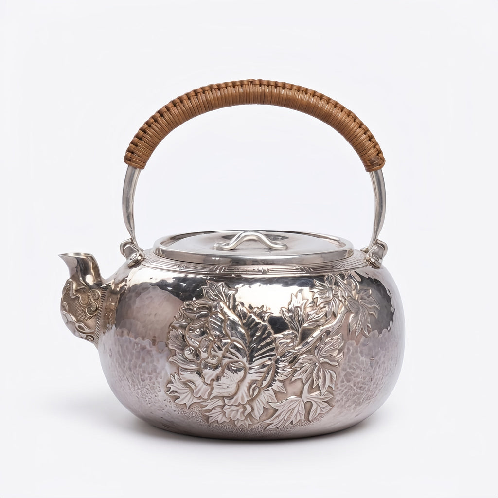 925 Sterling Silver Handcrafted Sterling Silver Floral Teapot with Woven Bamboo Handle and Hammered Texture - Handicraft Vera Lux
