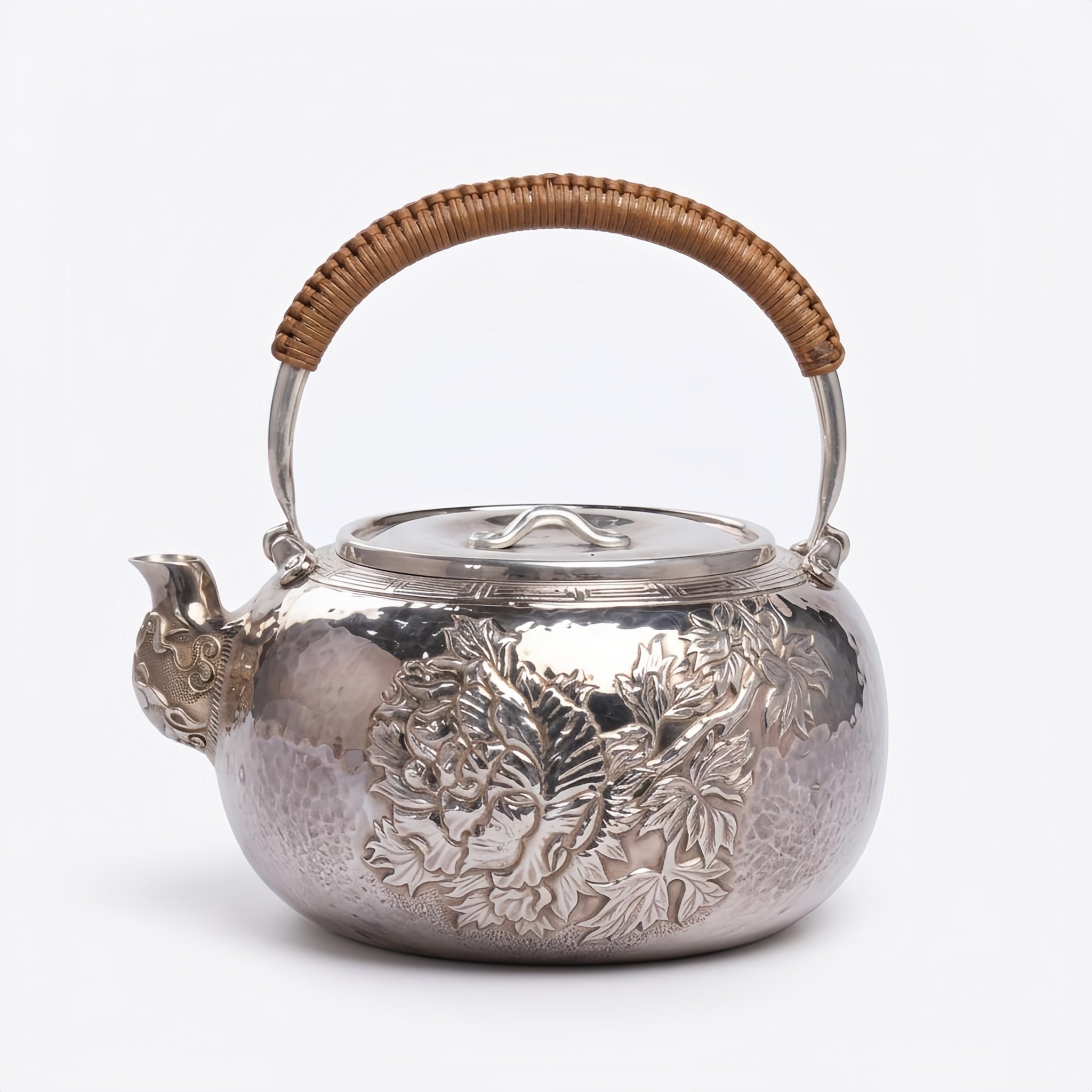 925 Sterling Silver Handcrafted Sterling Silver Floral Teapot with Woven Bamboo Handle and Hammered Texture - Handicraft Vera Lux