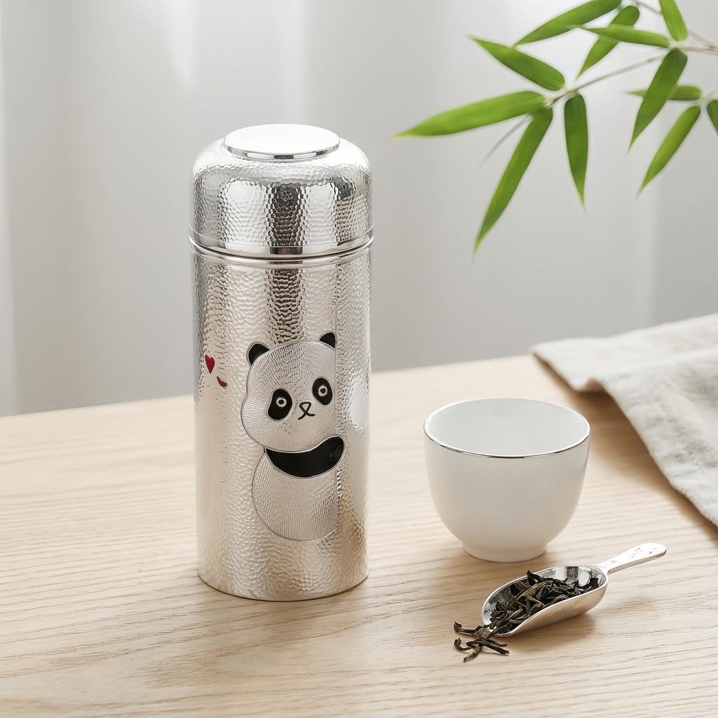 925 Sterling Silver Artistic Hammered Silver Vacuum Flask Featuring a Cute Peeking Panda Design - Handicraft Vera Lux