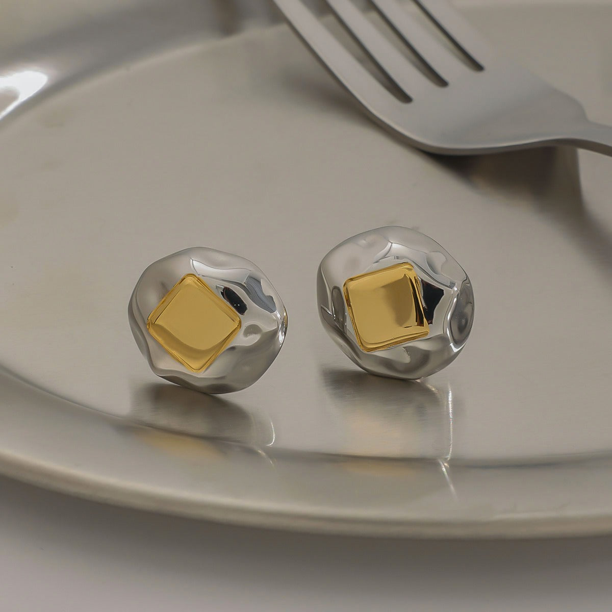 18K gold geometric inlay with gold and silver color matching design unique personality earrings Vera Lux