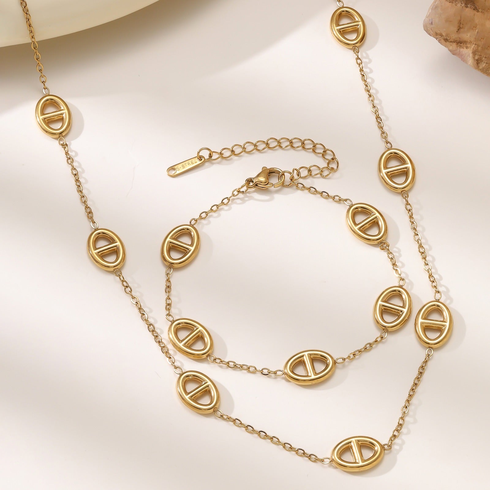 18K Gold Pig Nose Necklace and Bracelet Set Vera Lux